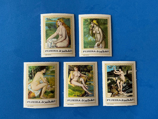 Antique Stamp Collection - Fujairah Art – Renoir Famous Painting Nude Stamp - 5/Set (1970, SC#648-652, MNH, Imperforated)