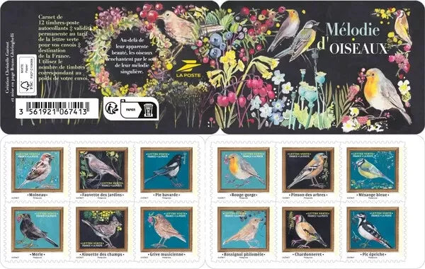 France Stamps - 2025 Bird Melody - Booklet of 12 Stamps - Sparrow,  warbler, Magpie, Robin Woodpecker - MNH - VF